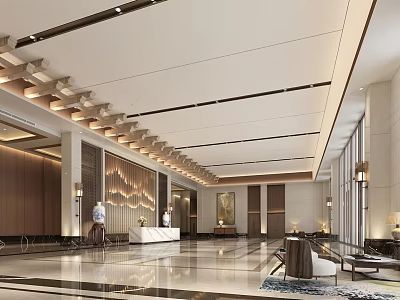 Elegant Hotel Lobby Interior Design With Marble Flooring And Wooden Ceiling Details 3d model