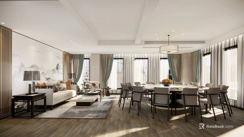 Luxury Private Box Interior With Sofa Dining Table Chairs And Pendant Lamp 3d model