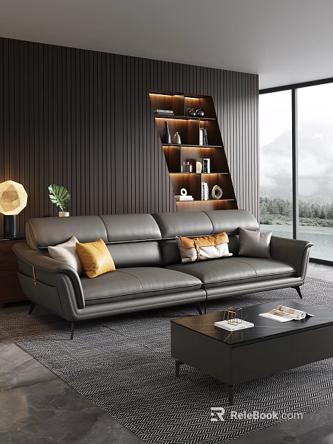 Grey Leather Sofa and Coffee Table Set with Throw Pillows Wooden Wall and Lake View 3d model 