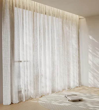 White Linen Curtains With Elegant Drape Sunlight And Light Shadows On Light Walls 3d model