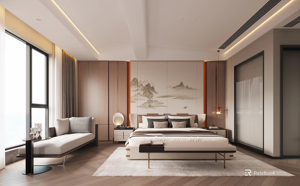 Modern Bedroom Interior With Bed Nightstand Mountain Landscape Painting Floor to Ceiling Window And Rug 3d model 