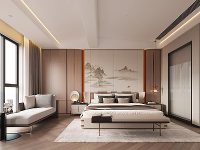 Modern Bedroom Interior With Bed Nightstand Mountain Landscape Painting Floor to Ceiling Window And Rug 3d model