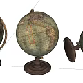 Vintage Globe Decorative Ornament Set with Wooden Bases and Retro Map Designs