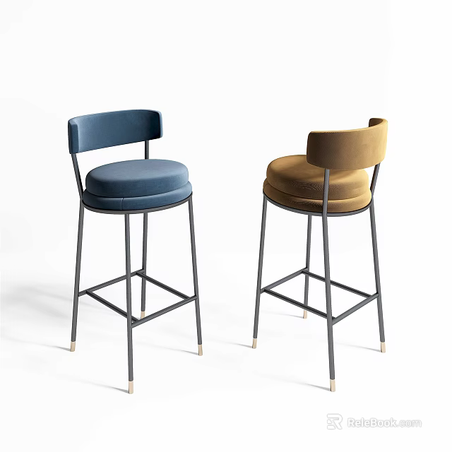 Modern Bar Stools With Padded Seats Blue Brown Metal Frames Design 3d model 