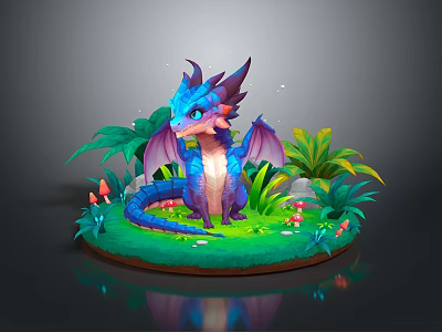 Cute Blue Dragon 3D Fantasy Game Character with Green Grass Tropical Plants and Red Mushrooms 3d model