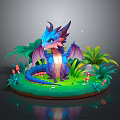 Cute Blue Dragon 3D Fantasy Game Character with Green Grass Tropical Plants and Red Mushrooms