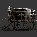 Rustic Wooden House With Thatch Roof Bamboo Frame Wooden Stairs And Surrounding Greenery