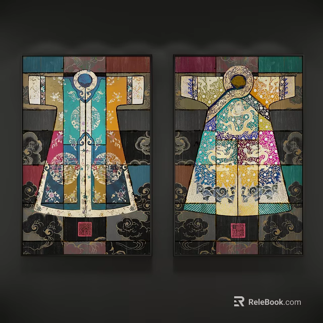 Traditional Chinese Clothing Artwork With Colorful Patterns And Framed Design Elements 3d model