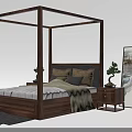Wooden Four Poster Double Bed With Pillows Blanket Nightstand And White Interior