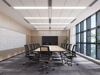 Modern Conference Room Interior With Long Table Ergonomic Chairs Large Windows Whiteboard And TV Screen 3d model