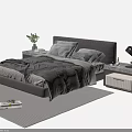 Modern Double Bed With Gray Headboard Layered Bedding Wooden Nightstands Table Lamp And Potted Plant