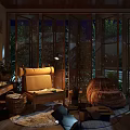 Lounge Room Interior With Wooden Screens Rattan Bean Bag Chair Green Plants Natural Light And Wooden Armchair