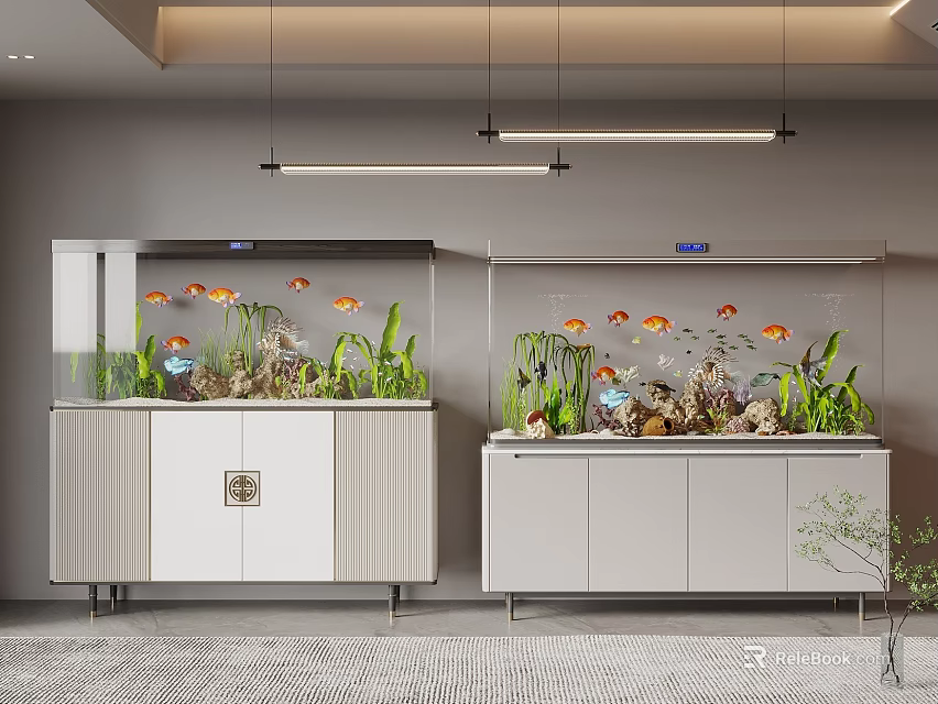 Stylish Aquarium Setups With Fish Plants And Cabinets 3d model