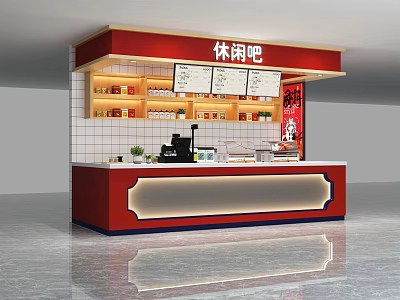 Casual Bar Mall Shop With Red White Design Counter Menu Displays And Drinks Shelves 3d model