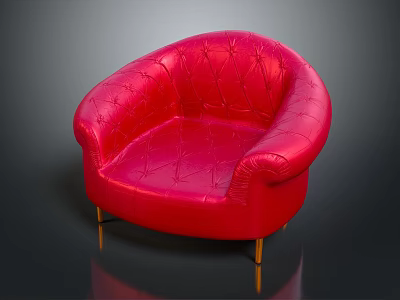 Elegant Red Tufted Single Sofa With Curved Armrests And Golden Metal Legs Design 3d model