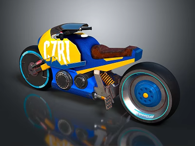Blue And Yellow Motorcycle With C7R1 Logo And Brown Leather Seat Design 3d model