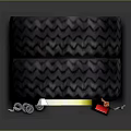 Tire Shaped Living Playhouse With Green Hatted Cartoon Figure Stacked Tires Checkered Flags Red Cabinet