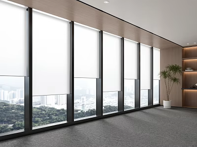 Modern Interior With Floor To Ceiling Windows Blinds And Scenic View 3d model
