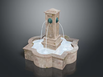 Stone Fountain With Two Spouts And Flowing Water On Petal Shaped Base 3d model