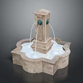 Stone Fountain With Two Spouts And Flowing Water On Petal Shaped Base