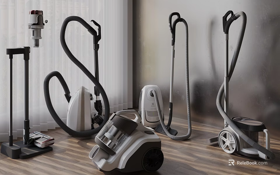 Various Style Vacuum Cleaners With Modern Design For Home Use On Wooden Floor 3d model 