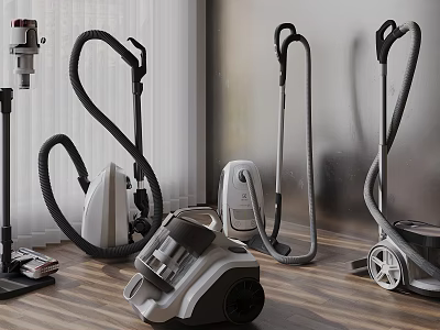 Various Style Vacuum Cleaners With Modern Design For Home Use On Wooden Floor 3d model