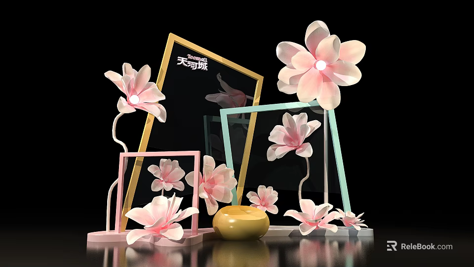 Decorative Pink Flowers And Colorful Frames With Golden Container On Black Background 3d model 
