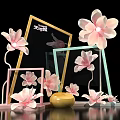 Decorative Pink Flowers And Colorful Frames With Golden Container On Black Background