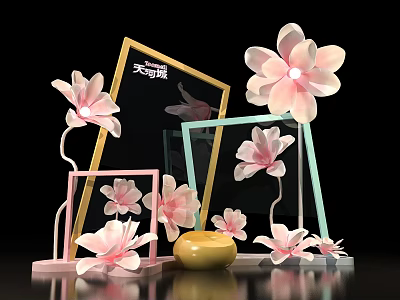 Decorative Pink Flowers And Colorful Frames With Golden Container On Black Background 3d model