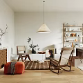 Warm Modern Living Room Interior With Rocking Chair Wooden Bookshelf Pendant Light And Area Rug