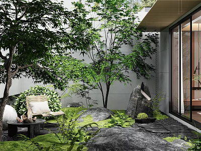 Tranquil Courtyard Garden With Lush Trees Green Plants Moss Covered Stones And Natural Seating 3d model