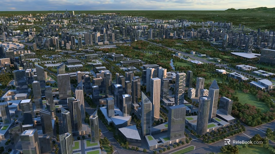 Aerial Urban Planning View Featuring Modern High Rise Buildings Green Spaces And Roads 3d model 