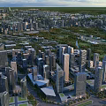 Aerial Urban Planning View Featuring Modern High Rise Buildings Green Spaces And Roads