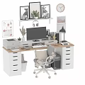 Modern Home Office Desk And Chair Set With Computer Monitor Lamp Plants And Wall Shelves