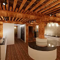 Traditional Cultural Center Interior Design With Wooden Roof Beams Flooring And Circular Reception Desk