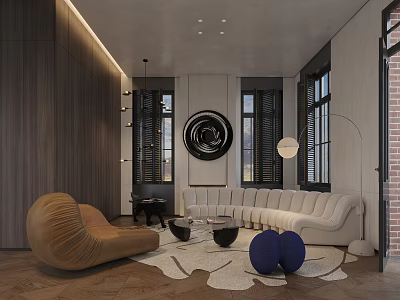 Elegant Modern Lounge Interior With Curved Sofa Circular Wall Art And Floor Lamp 3d model