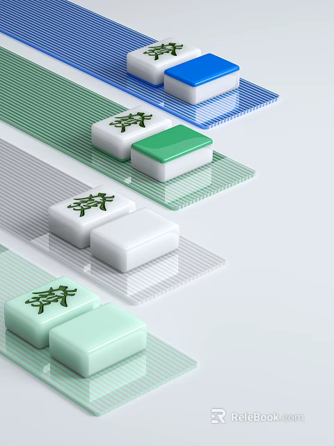 Green And White Mahjong Tiles With Bamboo Symbols On Transparent Mats Arranged In 3d model 