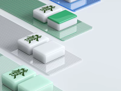 Green And White Mahjong Tiles With Bamboo Symbols On Transparent Mats Arranged In 3d model