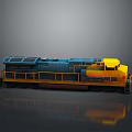 Blue and Yellow Train Locomotive with Orange Railings and Gray Background