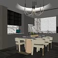 Modern Restaurant Interior Design With Marble Dining Table White Chairs Black Cabinets And Chandelier