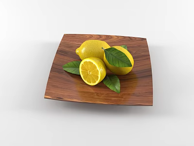 Fresh Ripe Lemons on a Wooden Plate with Green Leaves and Sliced Half 3d model