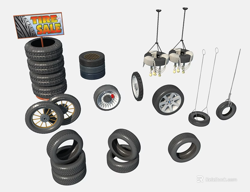 Tire Sale Sign Featuring Stacked And Hanging Tires Alloy Wheels Accessories 3d model 
