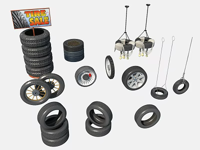 Tire Sale Sign Featuring Stacked And Hanging Tires Alloy Wheels Accessories 3d model