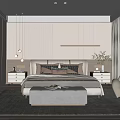 Modern Minimalist Bedroom Interior Design With Upholstered Headboard Padded Ottoman And Striped Wall