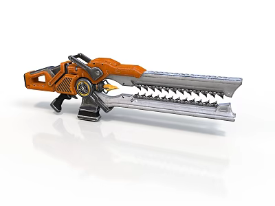 Orange And Silver Mechanical Chainsaw Gun With Serrated Blade And Detailed Components 3d model