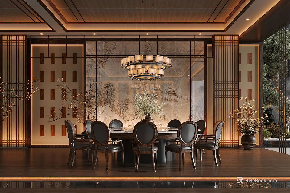 Traditional Chinese Style Restaurant Interior With Round Dining Table Chandelier And Decorative Screen 3d model 