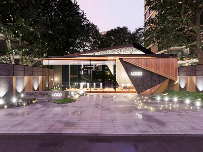 Elegant Modern Entrance Gate Design With Wooden Frames Stone Accents And Garden Lights 3d model