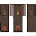 Traditional Chinese Wooden Buddhist Shrine Cabinet With Lattice Doors And Buddha Statue