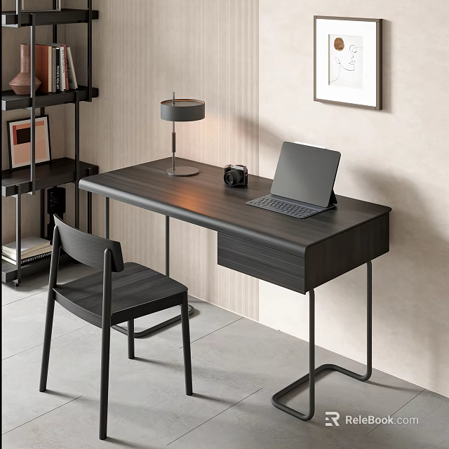 Modern Black Desk Setup With Table Lamp Camera Laptop Near Bookshelf And Wall Painting 3d model 