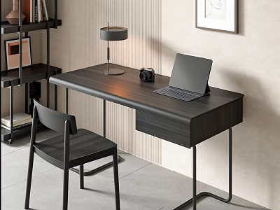 Modern Black Desk Setup With Table Lamp Camera Laptop Near Bookshelf And Wall Painting 3d model